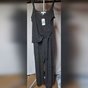 Michael Kors Elegant Blue and Gold Wrap Jumpsuit Wide Leg Geometric Pattern